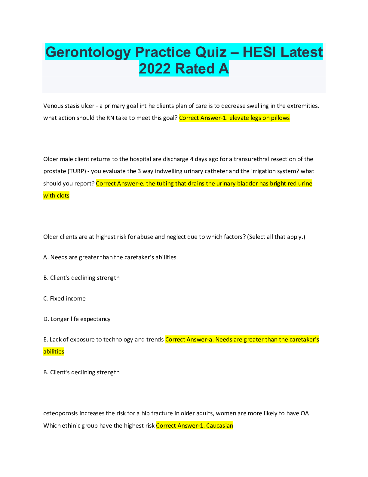 Preview image for Gerontology Practice Quiz – HESI Latest 2022 Rated A